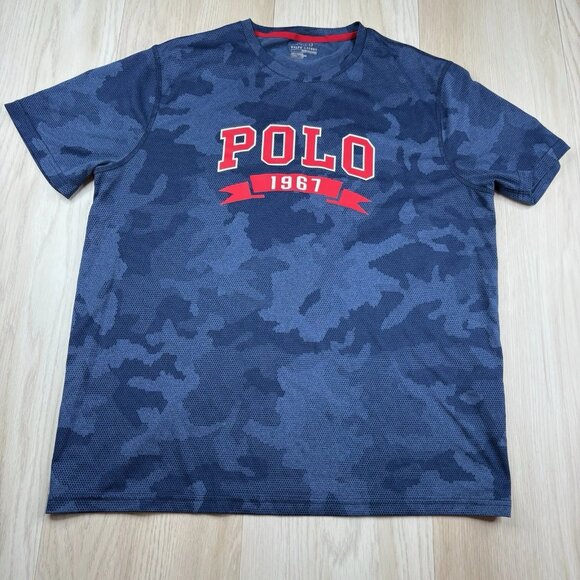 Polo Ralph Lauren Mens Camouflage T-Shirt Blue Red Logo Performance L Large - Picture 1 of 10